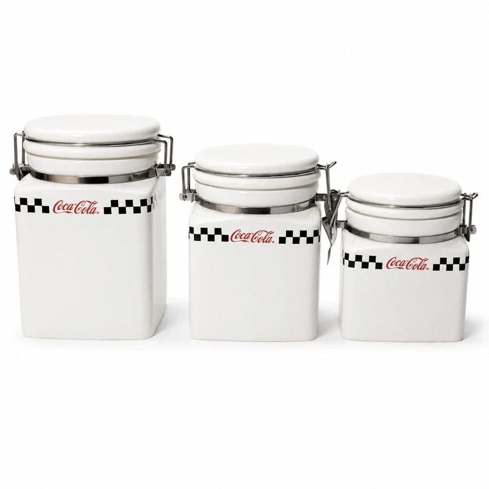 Coca-Cola Gibson Ceramic Canister Set 3pc White‎ Diner Checkered Retro 2002